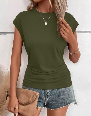 Bliwov 3Pack Womens Summer Cap Sleeve Tops Business Casual Crewneck Ruched T Shirts Trendy Basic Tops Beach Vacation Clothes in Saudi Arabia