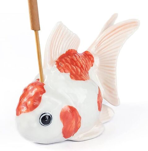 WitnyStore Tiny 2¼" Long White Red Black Goldfish Incense Holder - Miniature Hand Made Painted Ceramic Colorful Ryukin Oranda Gold Fish Aquarium Animal Porcelain Decorative Collectible Figurines Décor in Saudi Arabia