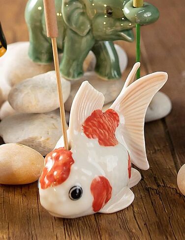 WitnyStore Tiny 2¼" Long White Red Black Goldfish Incense Holder - Miniature Hand Made Painted Ceramic Colorful Ryukin Oranda Gold Fish Aquarium Animal Porcelain Decorative Collectible Figurines Décor in Saudi Arabia