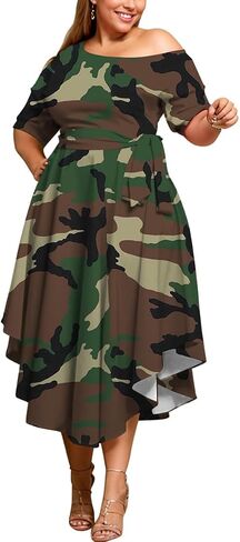 Plus Size Women Wedding Guest Dress Off Shoulder Boat Neck Irregularly Flowy Midi Church Dress in Saudi Arabia
