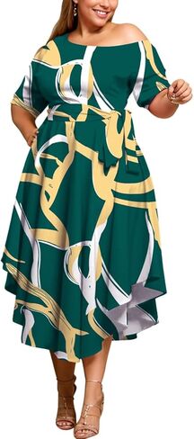 Plus Size Women Wedding Guest Dress Off Shoulder Boat Neck Irregularly Flowy Midi Church Dress in Kuwait