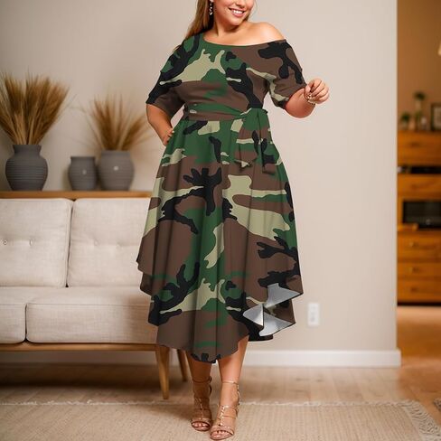 Plus Size Women Wedding Guest Dress Off Shoulder Boat Neck Irregularly Flowy Midi Church Dress in Saudi Arabia