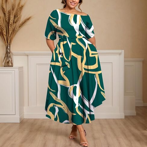 Plus Size Women Wedding Guest Dress Off Shoulder Boat Neck Irregularly Flowy Midi Church Dress in Kuwait