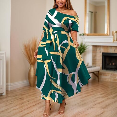 Plus Size Women Wedding Guest Dress Off Shoulder Boat Neck Irregularly Flowy Midi Church Dress in Kuwait