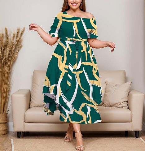 Plus Size Women Wedding Guest Dress Off Shoulder Boat Neck Irregularly Flowy Midi Church Dress in Kuwait