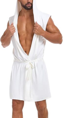 VintageClothing Men's Summer Robe with Hooded Lightweight Bathrobe House Kimono Sleeveless Sexy Sleepwear Pajamas in Kuwait