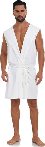 VintageClothing Men's Summer Robe with Hooded Lightweight Bathrobe House Kimono Sleeveless Sexy Sleepwear Pajamas in Kuwait