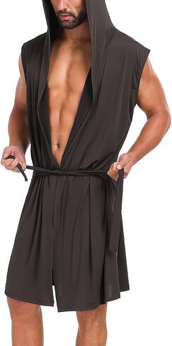 VintageClothing Men's Summer Robe with Hooded Lightweight Bathrobe House Kimono Sleeveless Sexy Sleepwear Pajamas in Kuwait