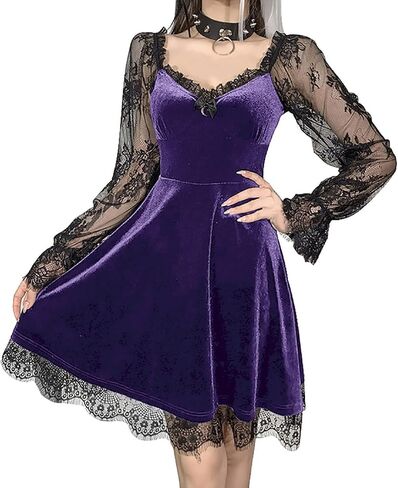 TSMNZMU Goth Vampire Velvet Vintage Fairy Dress - Lace Long Sleeve Sexy Punk Grunge Emo Alt Witchy Dress in Saudi Arabia