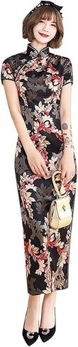 Women's Modern Cheongsam Maxi Dress Vintage Short Sleeve Slim Fit Side Slit Long Qipao Chinese Dress in Kuwait