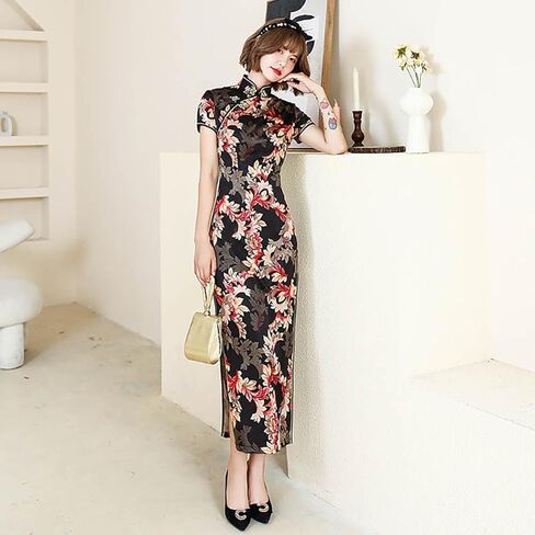 Women's Modern Cheongsam Maxi Dress Vintage Short Sleeve Slim Fit Side Slit Long Qipao Chinese Dress in Kuwait