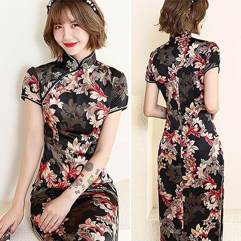 Women's Modern Cheongsam Maxi Dress Vintage Short Sleeve Slim Fit Side Slit Long Qipao Chinese Dress in Kuwait