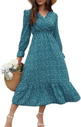 Spevert Women's Fall Floral v Neck Midi Dress Long Sleeve Polka Dot Maxi Dress Frucle Chull Choled Least Boho Dresses in Kuwait