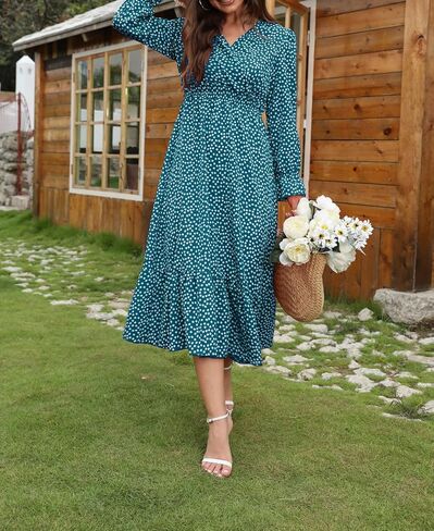 Spevert Women's Fall Floral v Neck Midi Dress Long Sleeve Polka Dot Maxi Dress Frucle Chull Choled Least Boho Dresses in Kuwait