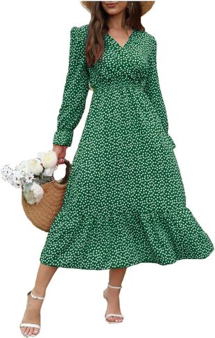 Spevert Women's Fall Floral v Neck Midi Dress Long Sleeve Polka Dot Maxi Dress Frucle Chull Choled Least Boho Dresses in Kuwait