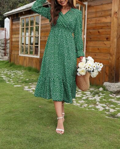 Spevert Women's Fall Floral v Neck Midi Dress Long Sleeve Polka Dot Maxi Dress Frucle Chull Choled Least Boho Dresses in Kuwait