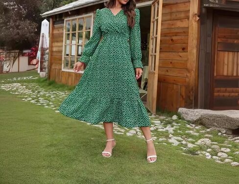 Spevert Women's Fall Floral v Neck Midi Dress Long Sleeve Polka Dot Maxi Dress Frucle Chull Choled Least Boho Dresses in Kuwait