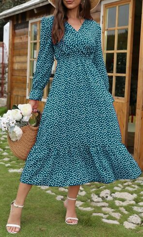Spevert Women's Fall Floral v Neck Midi Dress Long Sleeve Polka Dot Maxi Dress Frucle Chull Choled Least Boho Dresses in Kuwait