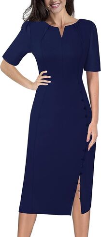 Vfshow Womens Plateed Notch V أزرار الرقبة تقسيم العمل مكتب العمل النحيف bodycon قلم رصاص غمد midi in Kuwait