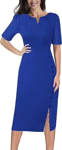 VFSHOW Womens Pleated Notch V Neck Buttons Split Work Office Business Slim Bodycon Pencil Sheath Midi Dress in Saudi Arabia