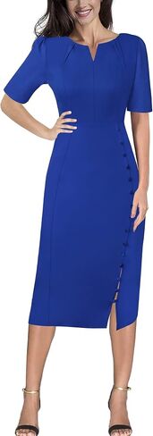 VFSHOW Womens Pleated Notch V Neck Buttons Split Work Office Business Slim Bodycon Pencil Sheath Midi Dress in Saudi Arabia