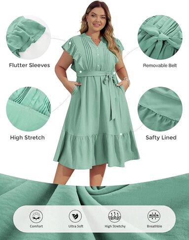 Hanna Nikole Plus Size Women's A-Line Dress with Ruffle Sleeves and Smocked Bust Elastic Waistband Lined Party Dress in Saudi Arabia