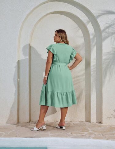 Hanna Nikole Plus Size Women's A-Line Dress with Ruffle Sleeves and Smocked Bust Elastic Waistband Lined Party Dress in Saudi Arabia