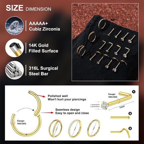 20G/18G Nose Studs Stainless Steel Nose Piercing Nose Ring Set I L S Shape Body Piercing Nose Hoop Ring for Women Men in Saudi Arabia