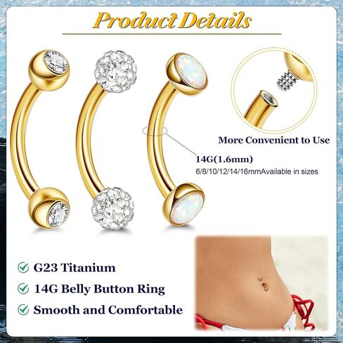 3pcs 14g G23 حلقات بطن التيتانيوم للنساء الأصليتين من بطن Hypoallergenic خواتم الزر الصغيرة Zirconia Zirconia حلقات صغيرة أوبال البطن الثقب in Saudi Arabia