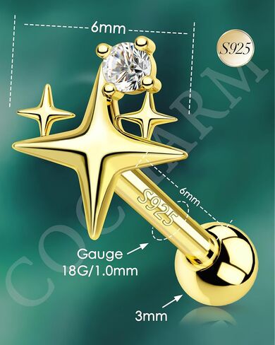 COCHARM 925 Sterling Silver Cartilage Earrings 18g Tragus Helix Earrings Star Cartilage Stud Forward Helix Piercing Jewelry for Women in Saudi Arabia