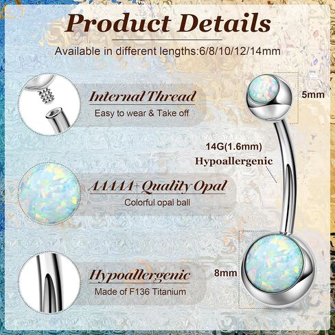 REVOLIA 14G F136 Titanium Opal Belly Button Rings for Women Hypoallergenic Belly Rings Internally Threaded Barbell Navel Rings Body Piercing Jewelry 6-16MM in Saudi Arabia
