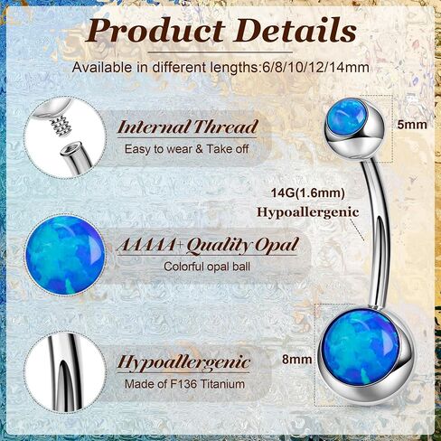 REVOLIA 14G F136 Titanium Opal Belly Button Rings for Women Hypoallergenic Belly Rings Internally Threaded Barbell Navel Rings Body Piercing Jewelry 6-16MM in Saudi Arabia