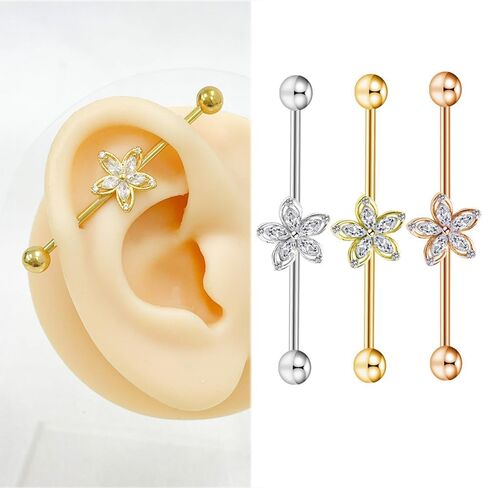 14G CZ Flower Industrial Barbell Earrings for Women 38mm Stainless Steel Cartilage Barbell Earrings Long Conch Helix Cartilage Industrial Piercing Jewelry in Saudi Arabia