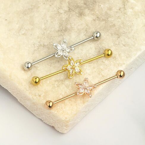 14G CZ Flower Industrial Barbell Earrings for Women 38mm Stainless Steel Cartilage Barbell Earrings Long Conch Helix Cartilage Industrial Piercing Jewelry in Saudi Arabia