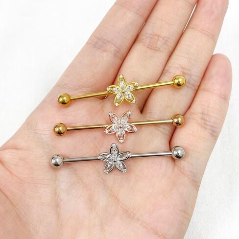 14G CZ Flower Industrial Barbell Earrings for Women 38mm Stainless Steel Cartilage Barbell Earrings Long Conch Helix Cartilage Industrial Piercing Jewelry in Saudi Arabia