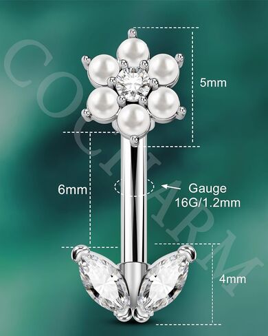 Cocharm Imitation Pearl & Flower Rook Jewelry for Women 16g 6mm/8mm - Gold Gold & Silver Stains Stains Stain -Steel أقراط لؤلؤة لؤلؤة in Kuwait