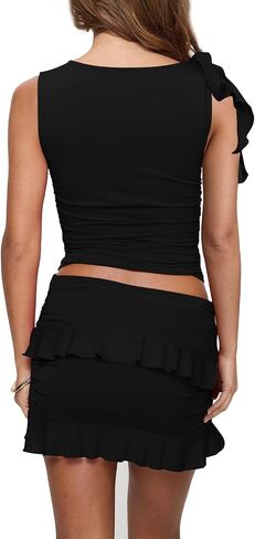 2 Piece Sets for Women Y2k Going Out Ruffle Trim Ruched Tank Top And High Waist Skirt Set Club Mini Dress in Saudi Arabia
