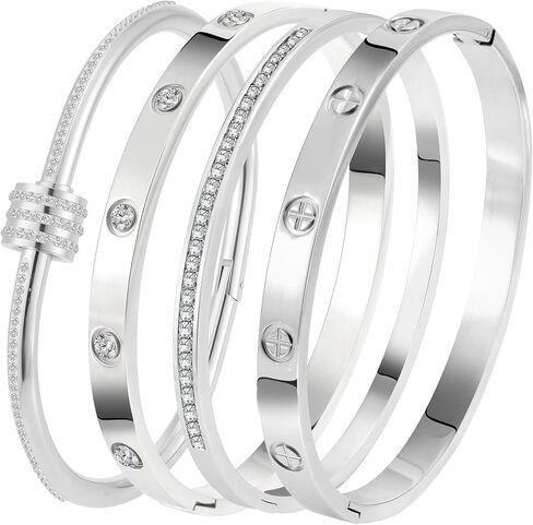Stainless Steel Bangle Bracelet Set for Women - Silver/Gold Love Bangle Jewelry with Sparkling Crystal Inlay for Love Gifts in Saudi Arabia