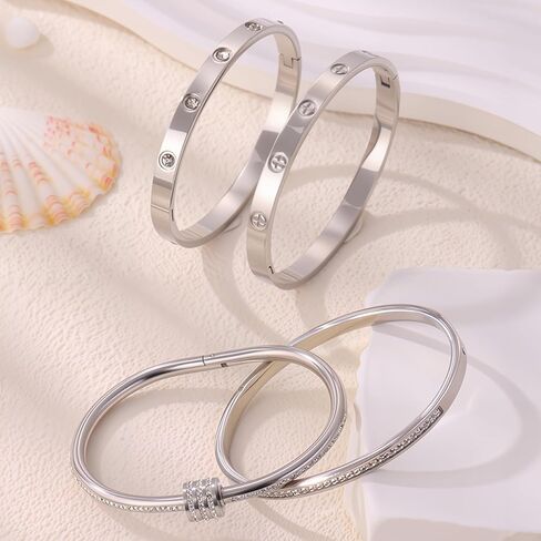 Stainless Steel Bangle Bracelet Set for Women - Silver/Gold Love Bangle Jewelry with Sparkling Crystal Inlay for Love Gifts in Saudi Arabia