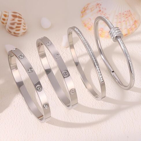 Stainless Steel Bangle Bracelet Set for Women - Silver/Gold Love Bangle Jewelry with Sparkling Crystal Inlay for Love Gifts in Saudi Arabia