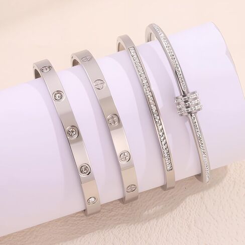 Stainless Steel Bangle Bracelet Set for Women - Silver/Gold Love Bangle Jewelry with Sparkling Crystal Inlay for Love Gifts in Saudi Arabia