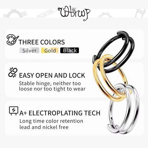 WBRWP G23 Titanium Conch Piercing Jewelry Set: 16G 8mm/10mm/12mm Double/Triple Hoop Nose Septum Rings Hypoallergenic Hinged Segment Clicker Helix Cartilage Conch Earrings in Kuwait