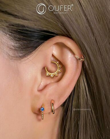 OUFER 16G Daith Piercing Jewelry, 14K Solid Gold Daith Earrings, Clear CZ Design Daith Hoop Earring, Septum Helix Cartilage Piercing Jewelry in Saudi Arabia
