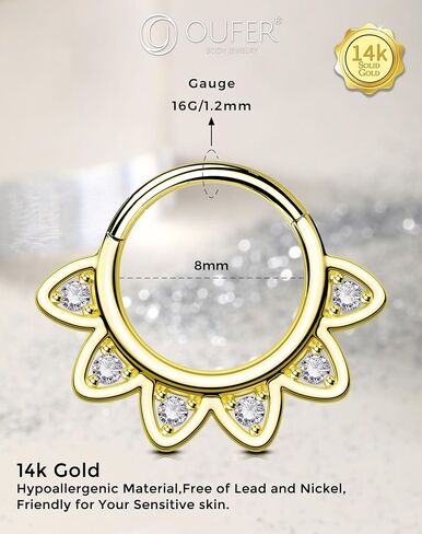 OUFER 16G Daith Piercing Jewelry, 14K Solid Gold Daith Earrings, Clear CZ Design Daith Hoop Earring, Septum Helix Cartilage Piercing Jewelry in Saudi Arabia