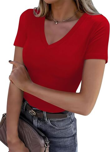 XIEERDUO Womens Summer Tops V Neck T Shirts for Women Beach Vacation Clothes Short Sleeve Shirts for Women Basic Tee in Saudi Arabia