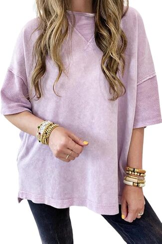 KevaMolly Womens Oversized Tshirts Tops Short Sleeve Mineral Wash Exposed Seam Drop Shoulder Tee Casual Solid Tshirt in Saudi Arabia