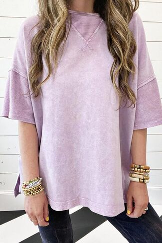 KevaMolly Womens Oversized Tshirts Tops Short Sleeve Mineral Wash Exposed Seam Drop Shoulder Tee Casual Solid Tshirt in Saudi Arabia