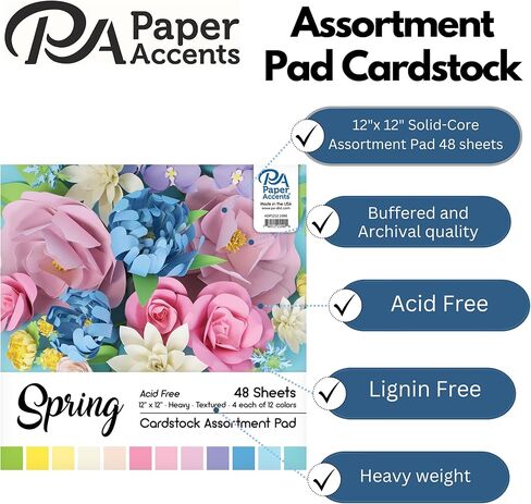 PA Paper Accents Cardstock Pack 12" x 12" Variety Pack, Pastel Assortment, heavyweight colored cardstock paper for card making, scrapbooking, printing, quilling and crafts, 48 pieces in Kuwait
