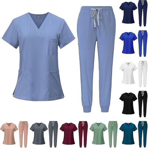 Scrubs for Women Set Stretch V-Neck Scrub Tops with Pockets & Cargo Pant Quick Drying Solid Nurse Uniform in Kuwait