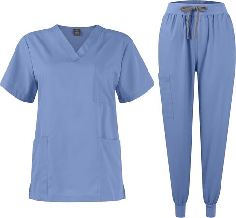 Scrubs for Women Set Stretch V-Neck Scrub Tops with Pockets & Cargo Pant Quick Drying Solid Nurse Uniform in Kuwait